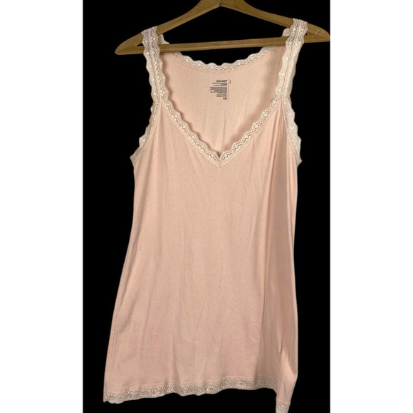 Old Navy Tank Top Lace Trim Sweetheart Neckline Size L Y2K Fitted Ribbed Pink - Picture 2 of 5